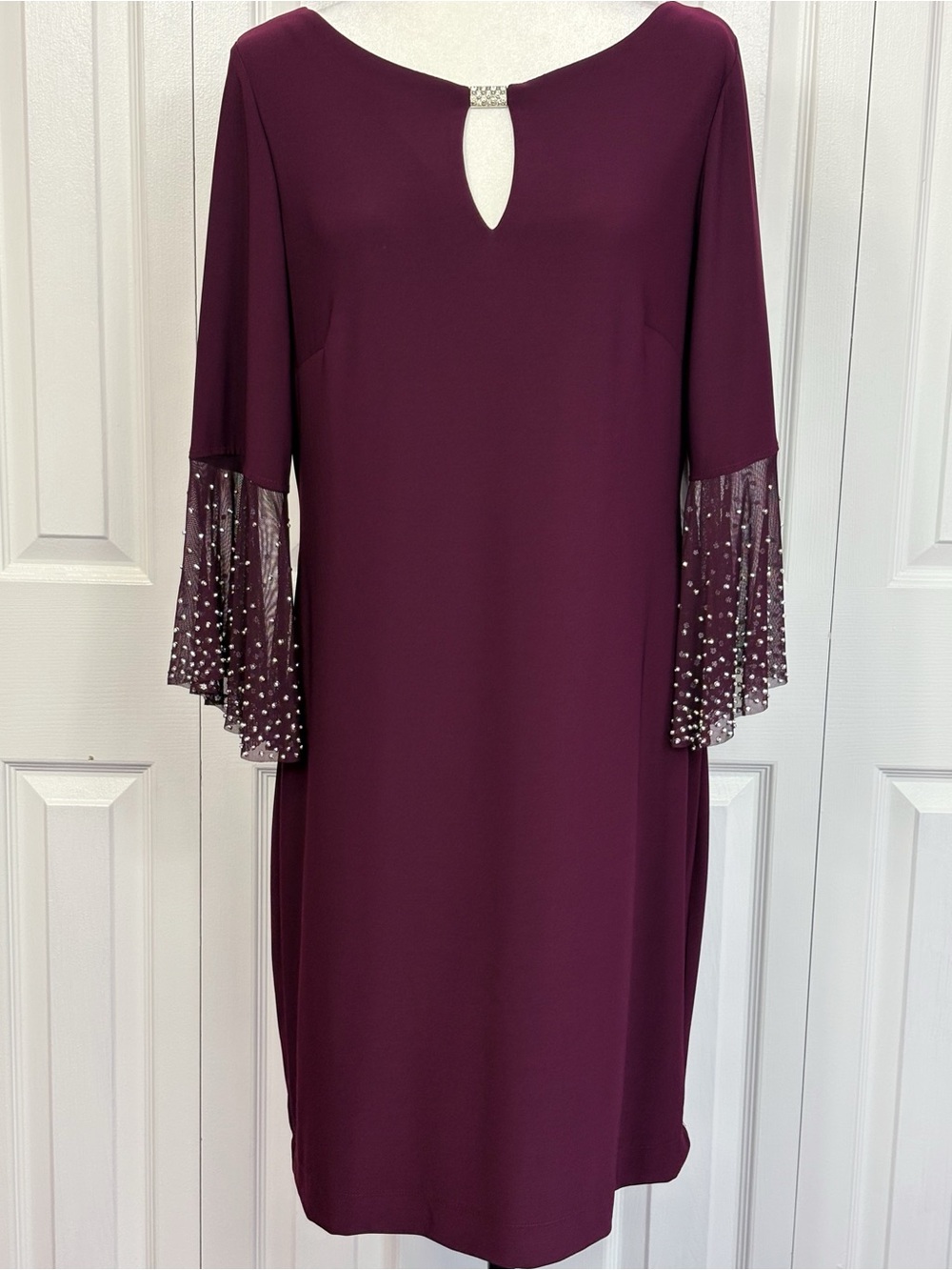 NWT Jackie Jon New York Merlot Purple Beaded Flare Sleeve Sheath Dress 14